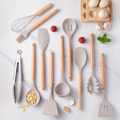 Keukenset siliconen – 12-delig kookgerei met houten handvat, hittebestendig & BPA-vrij