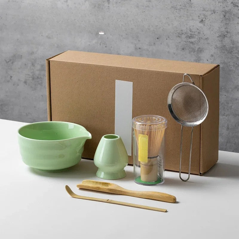 Matcha Theeset 6-delig – Complete Japanse Set met Matcha Kom, Bamboe Klopper, Lepel, Zeef & Houder | Handgemaakt Keramiek & Bamboe | Ideaal voor Ceremoniële Bereiding