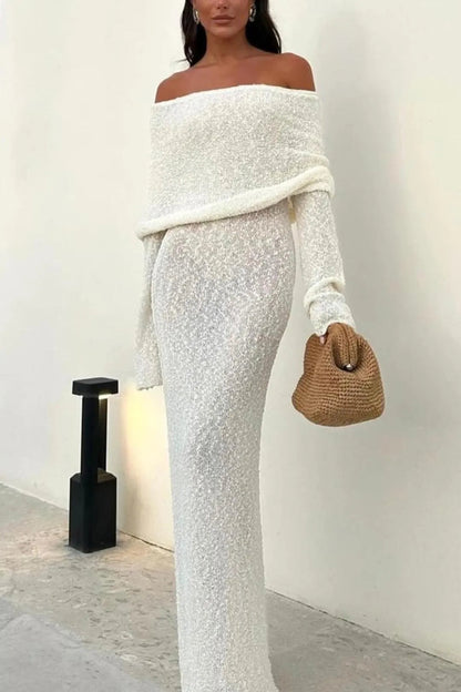 Dames maxi jurk – off shoulder, gebreid, aansluitend, comfortabel