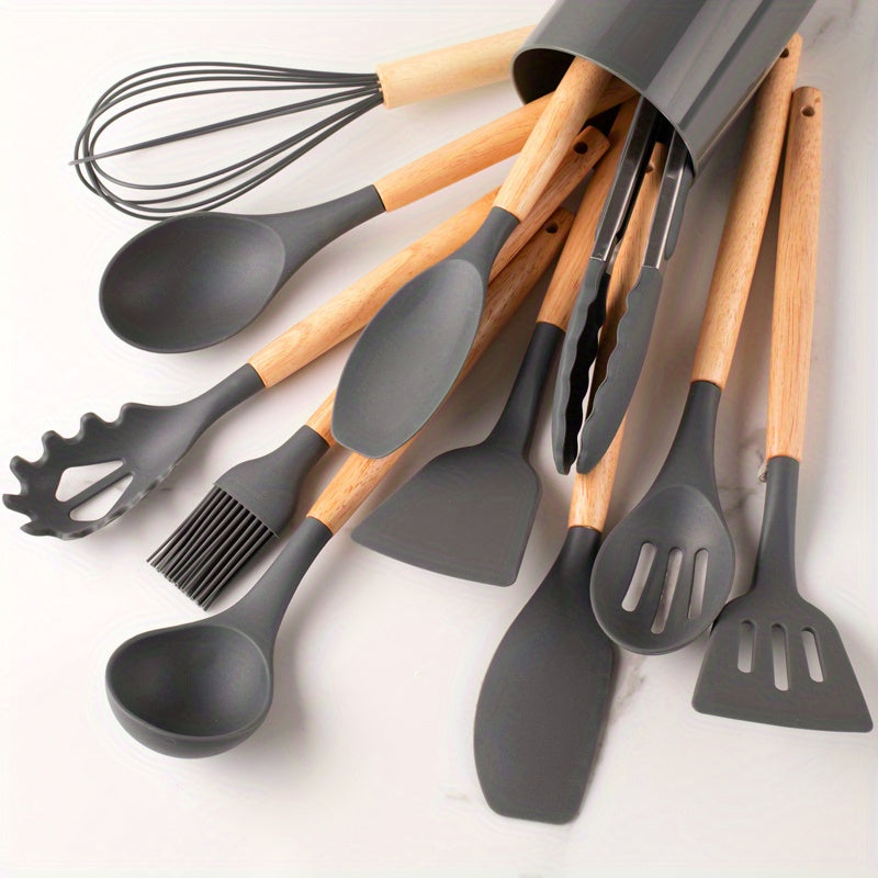 Keukenset siliconen – 12-delig kookgerei met houten handvat, hittebestendig & BPA-vrij