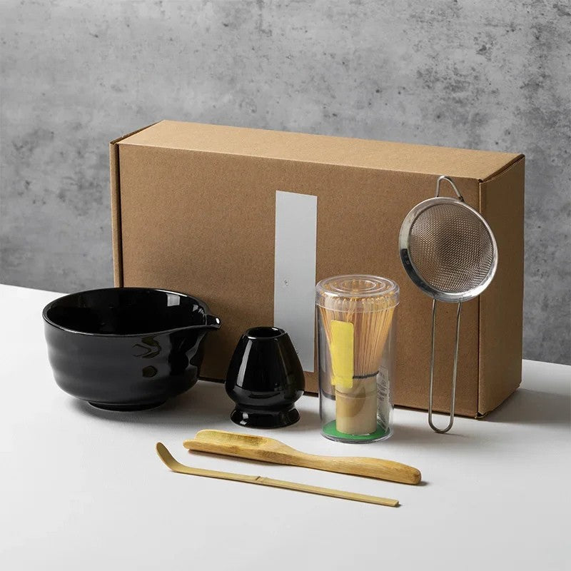Matcha Theeset 6-delig – Complete Japanse Set met Matcha Kom, Bamboe Klopper, Lepel, Zeef & Houder | Handgemaakt Keramiek & Bamboe | Ideaal voor Ceremoniële Bereiding