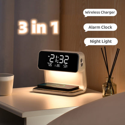 3-in-1 Bedlamp met Draadloze Oplader – LCD Alarmklok & Touch Dimbare LED Tafellamp