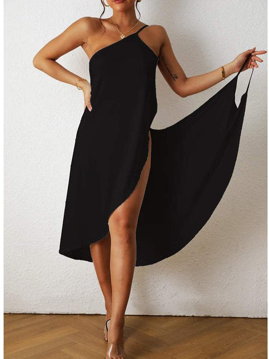 Dames maxi jurk – asymmetrisch, katoen, hoge split, losvallend