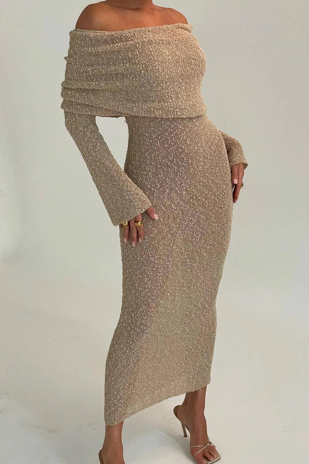 Dames maxi jurk – off shoulder, gebreid, aansluitend, comfortabel