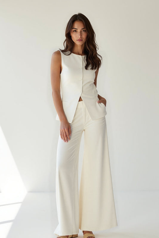 Dames co-ord set – gilet rond, palazzo broek, minimalistisch chic