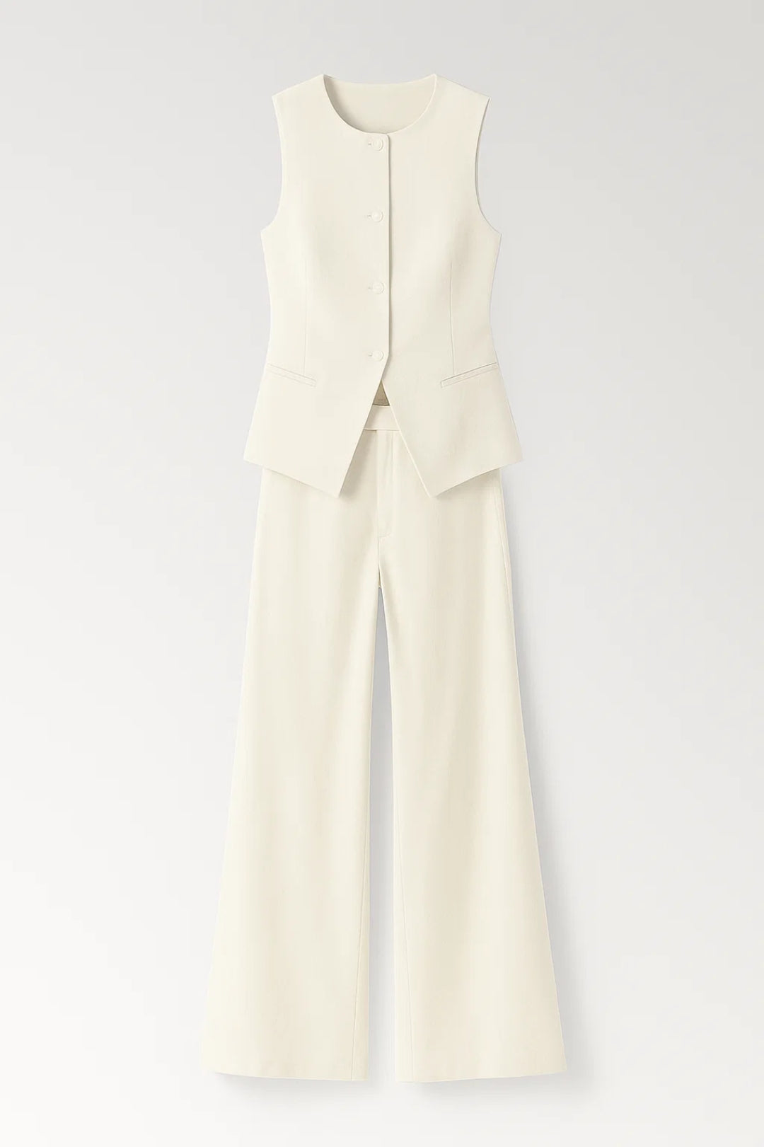 Dames co-ord set – gilet rond, palazzo broek, minimalistisch chic