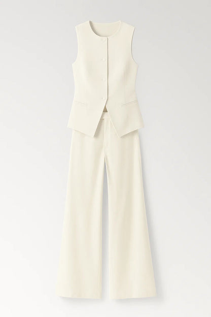 Dames co-ord set – gilet rond, palazzo broek, minimalistisch chic