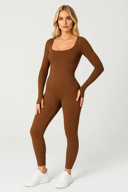 Dames jumpsuit – aansluitend, ribstof, lange mouwen, casual