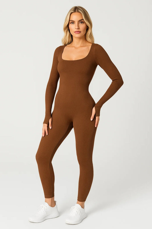 Dames jumpsuit – aansluitend, ribstof, lange mouwen, casual
