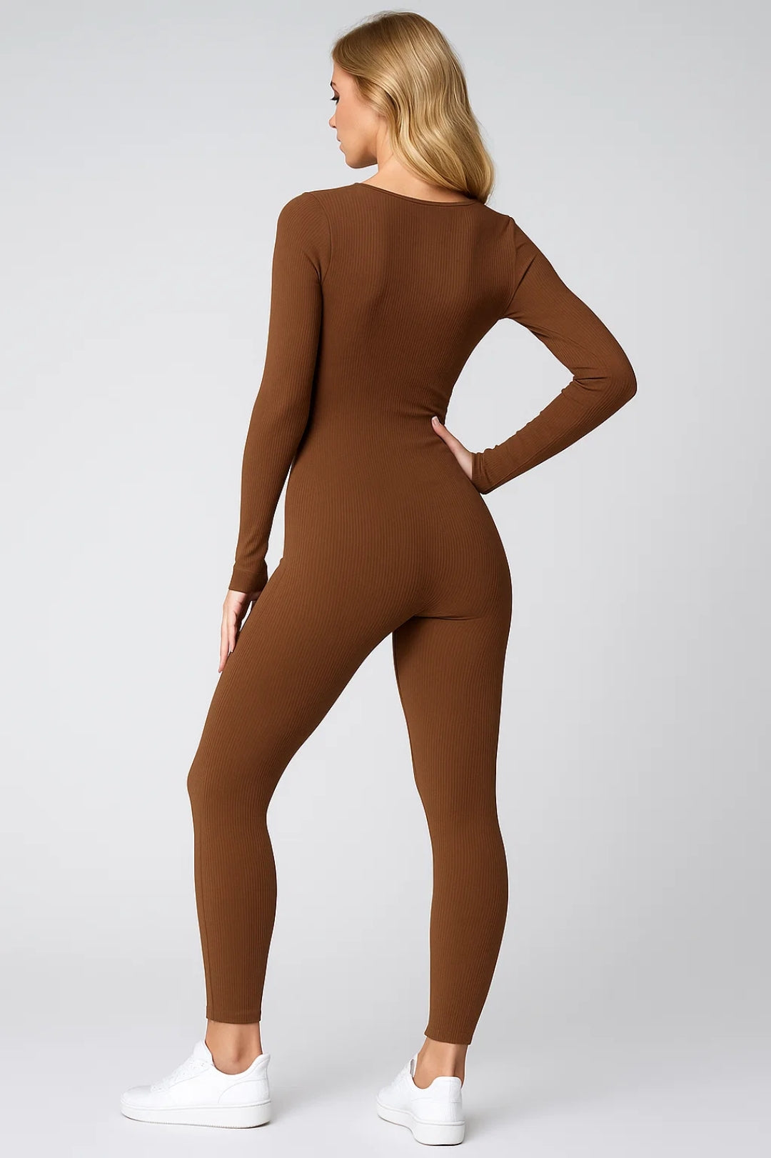 Dames jumpsuit – aansluitend, ribstof, lange mouwen, casual