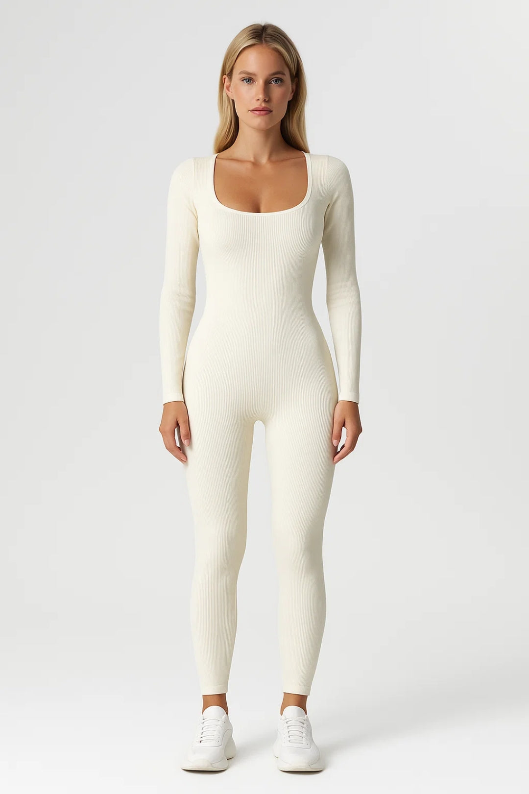 Dames jumpsuit – aansluitend, ribstof, lange mouwen, casual