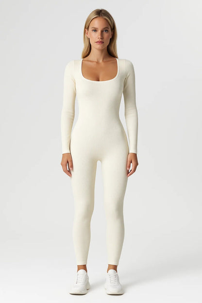 Dames jumpsuit – aansluitend, ribstof, lange mouwen, casual