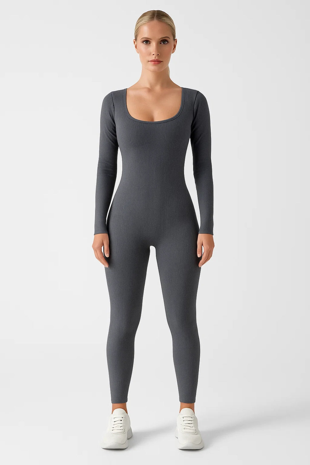 Dames jumpsuit – aansluitend, ribstof, lange mouwen, casual