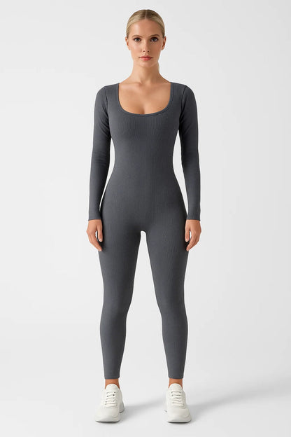 Dames jumpsuit – aansluitend, ribstof, lange mouwen, casual