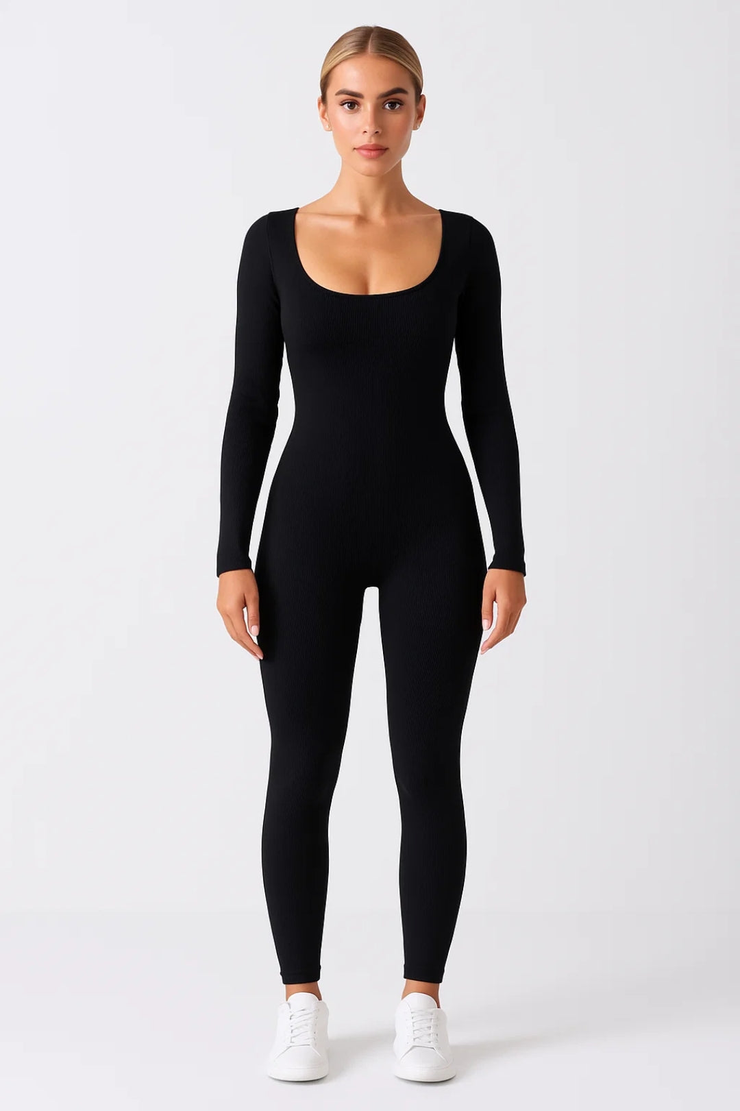Dames jumpsuit – aansluitend, ribstof, lange mouwen, casual