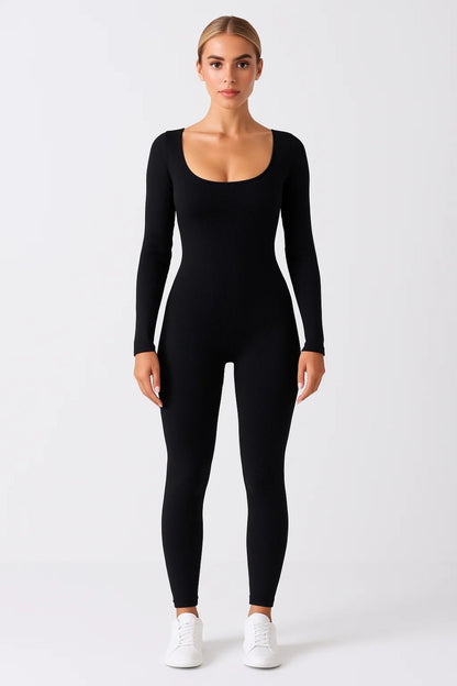 Dames jumpsuit – aansluitend, ribstof, lange mouwen, casual
