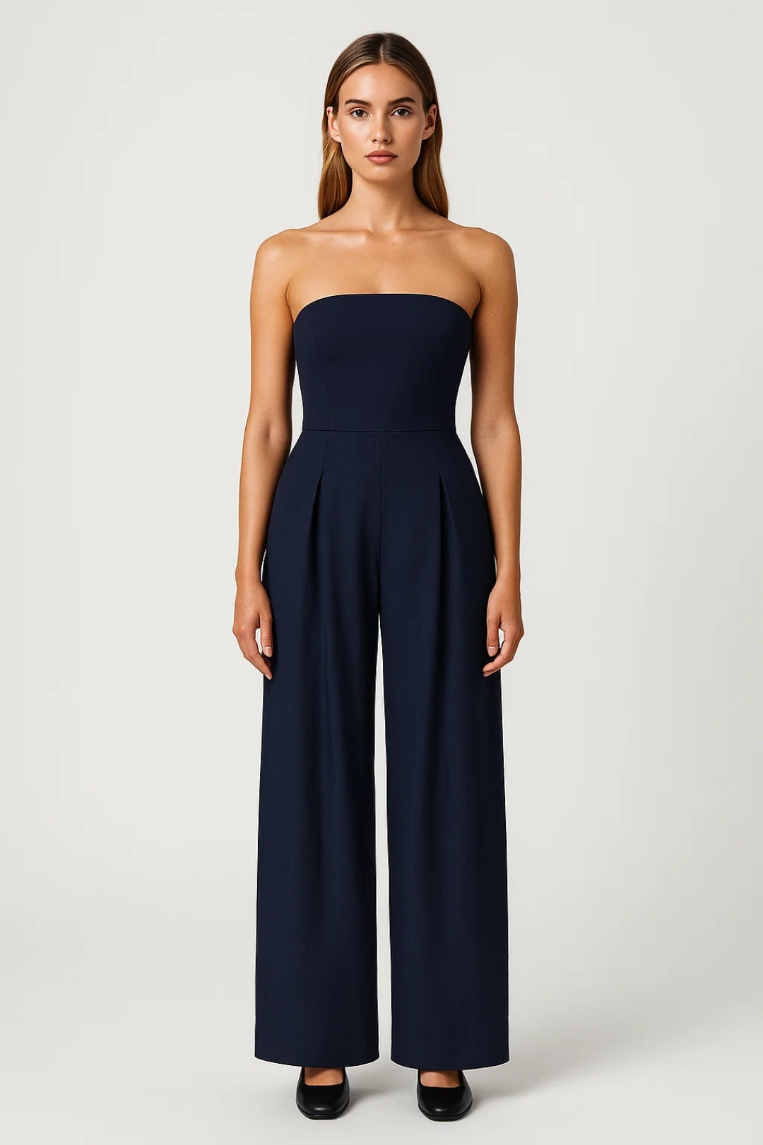 Dames jumpsuit – strapless, hoge taille, wijde pijpen, elegant