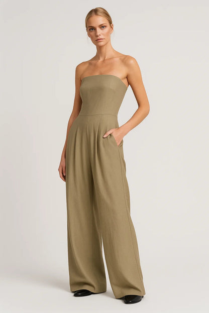 Dames jumpsuit – strapless, hoge taille, wijde pijpen, elegant