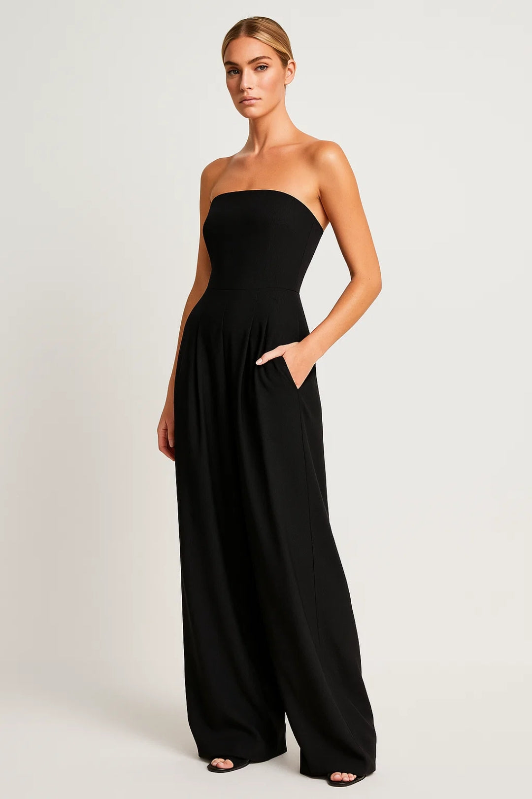 Dames jumpsuit – strapless, hoge taille, wijde pijpen, elegant