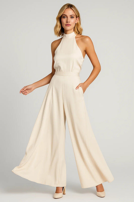 Dames jumpsuit – halternek, open rug, palazzo pijpen, feestelijk