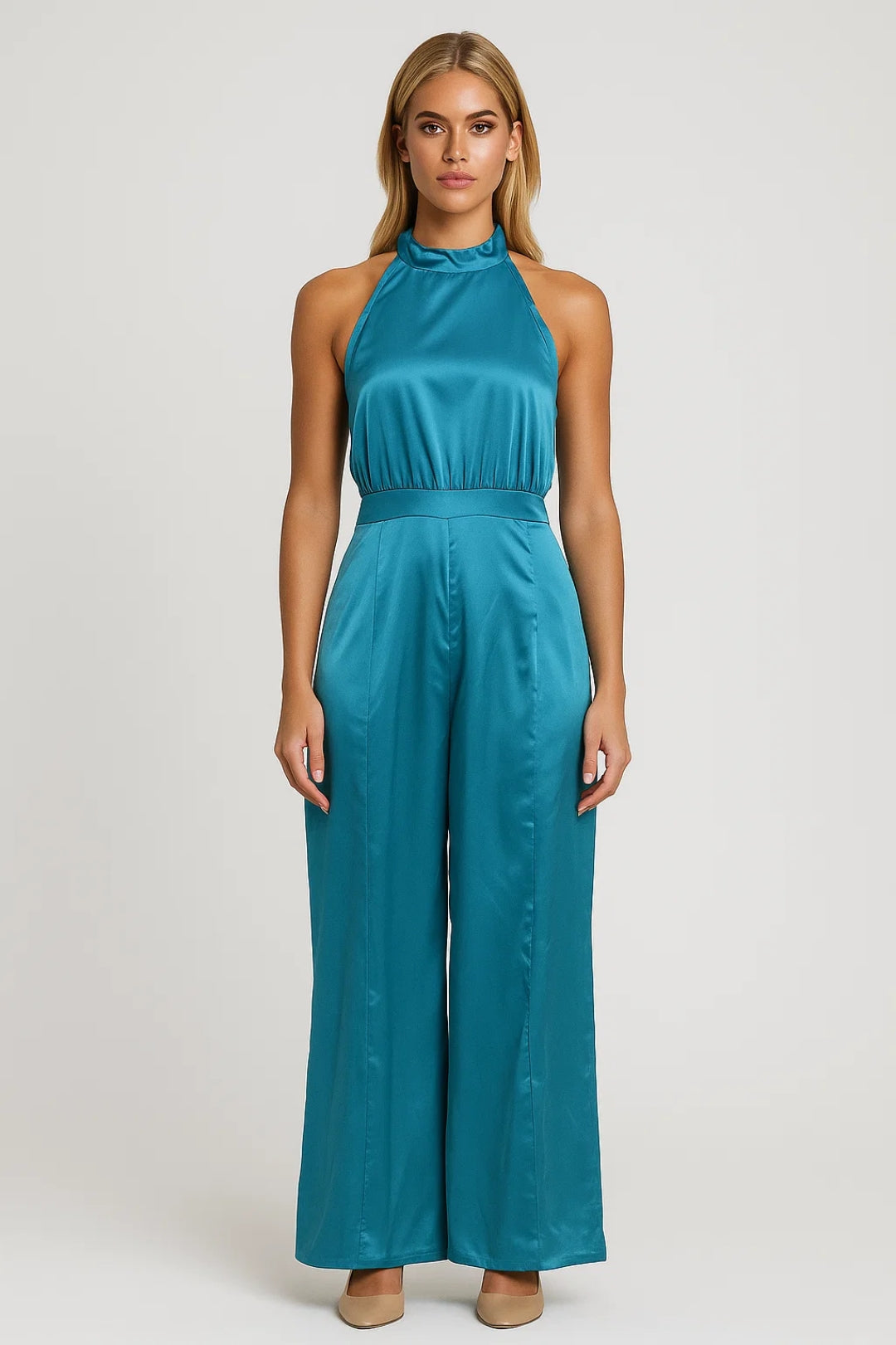 Dames jumpsuit – halternek, open rug, palazzo pijpen, feestelijk