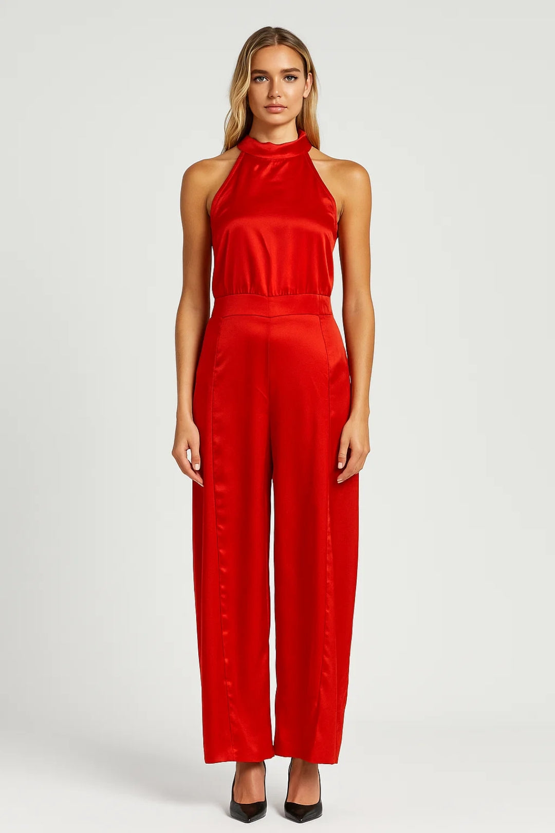 Dames jumpsuit – halternek, open rug, palazzo pijpen, feestelijk