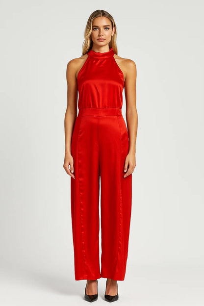 Dames jumpsuit – halternek, open rug, palazzo pijpen, feestelijk