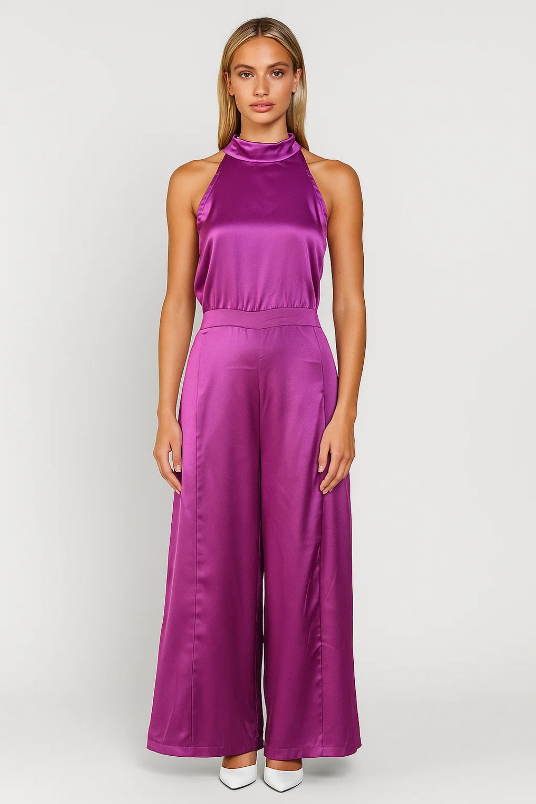 Dames jumpsuit – halternek, open rug, palazzo pijpen, feestelijk