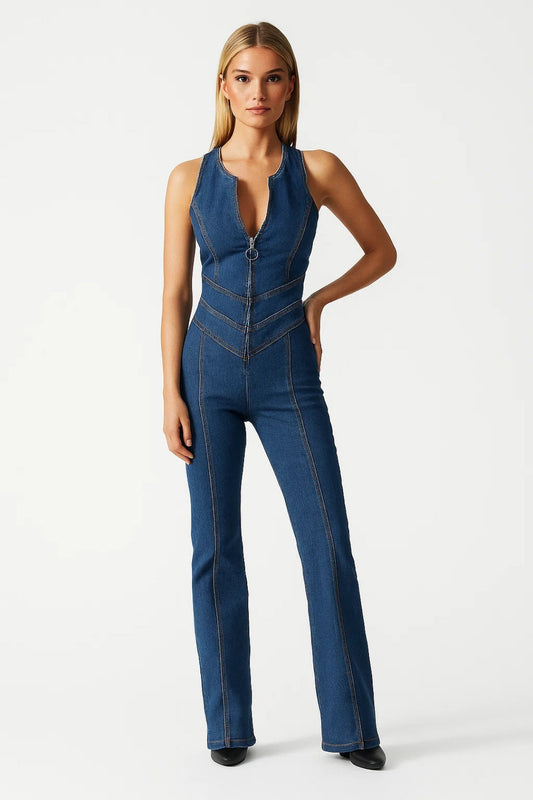 Dames jumpsuit – V-hals met rits, mouwloos, flared pijpen, casual