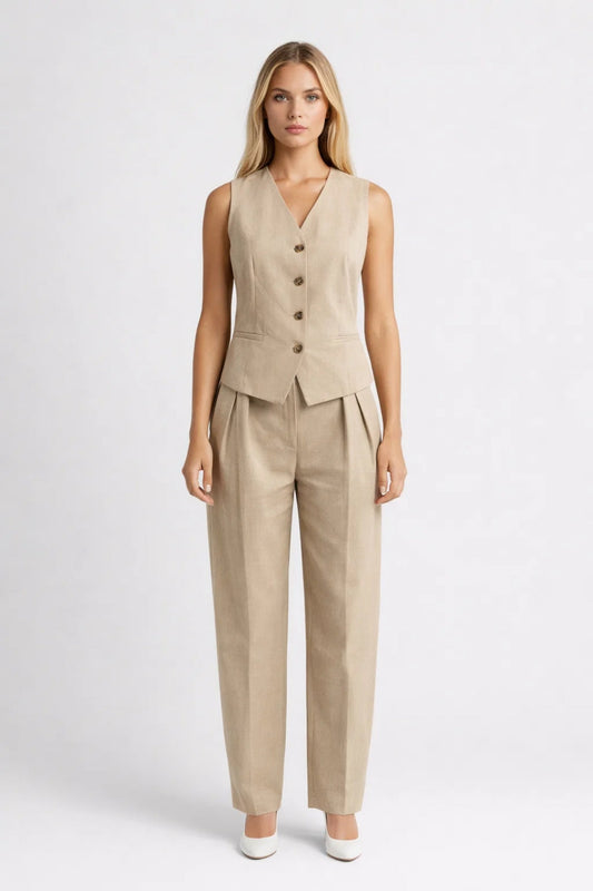 Dames gilet set – V-hals, rechte pantalon, zakelijk & elegant