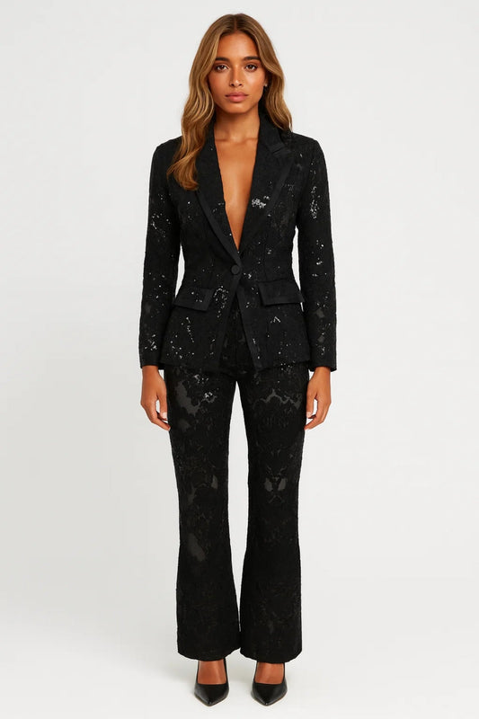 Dames blazer set – diep V, flared broek, glitter, gala & feest