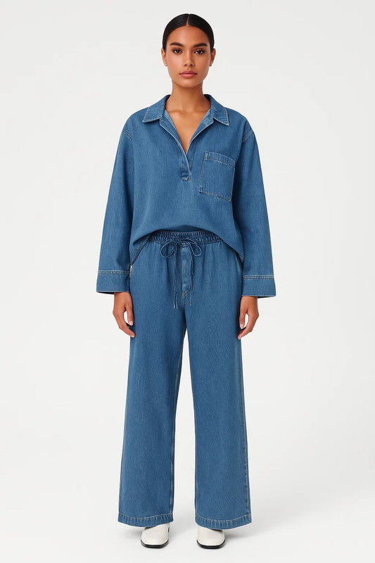 Dames co-ord set – oversized blouse, wijde broek, casual