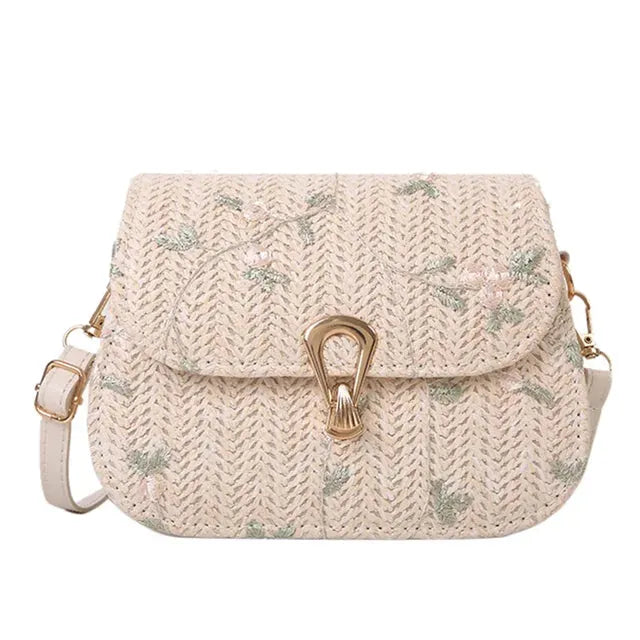 Dames schoudertas – stro, geborduurd, zomers design, lichtgewicht