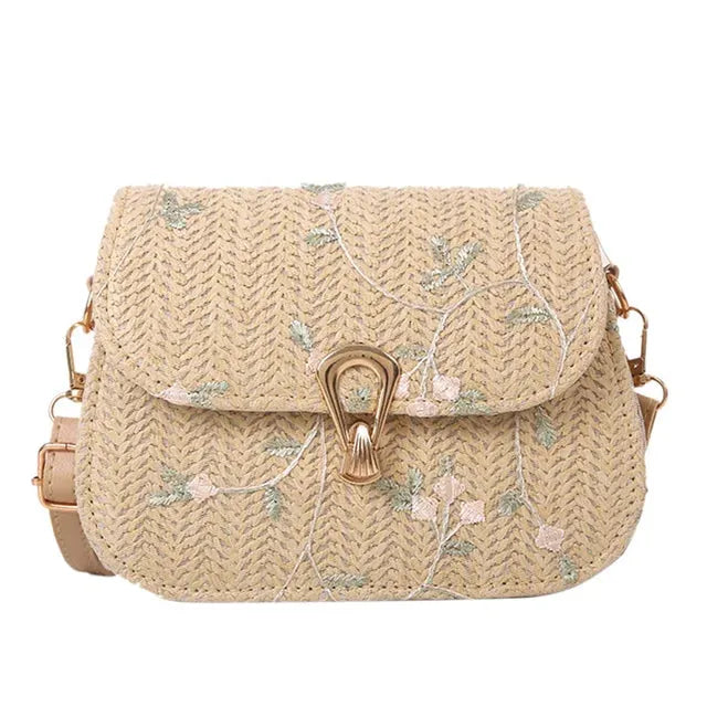 Dames schoudertas – stro, geborduurd, zomers design, lichtgewicht