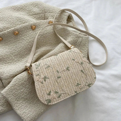 Dames schoudertas – stro, geborduurd, zomers design, lichtgewicht