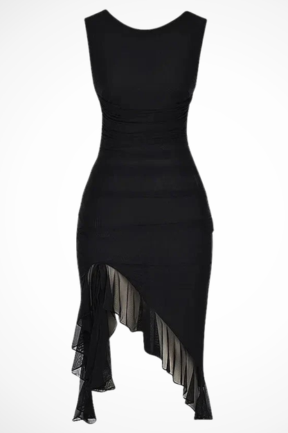 Midi Jurk Dames – Aansluitend met Ruches en Asymmetrische Ruffle Zoom