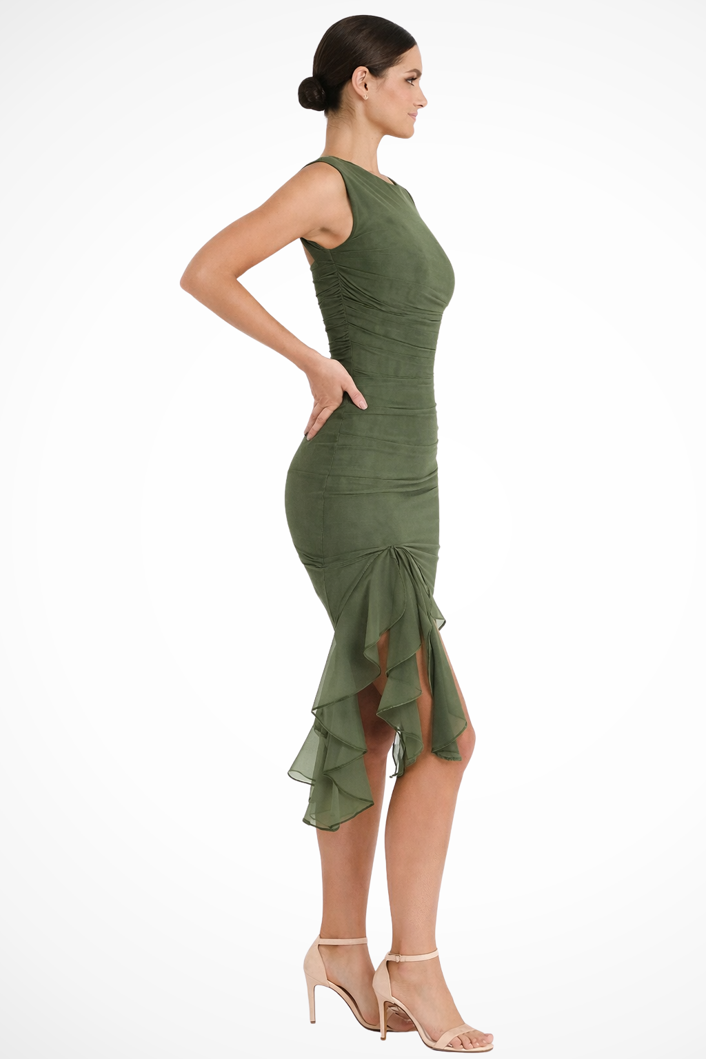 Midi Jurk Dames – Aansluitend met Ruches en Asymmetrische Ruffle Zoom