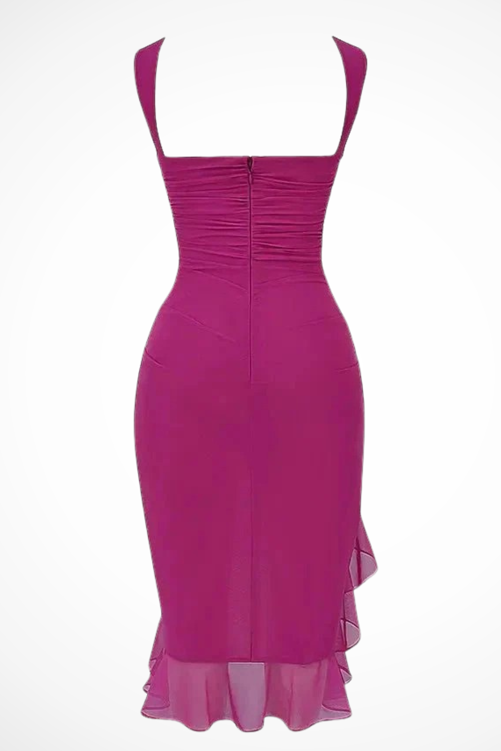 Midi Jurk Dames – Aansluitend met Ruches en Asymmetrische Ruffle Zoom