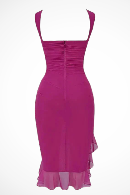 Midi Jurk Dames – Aansluitend met Ruches en Asymmetrische Ruffle Zoom