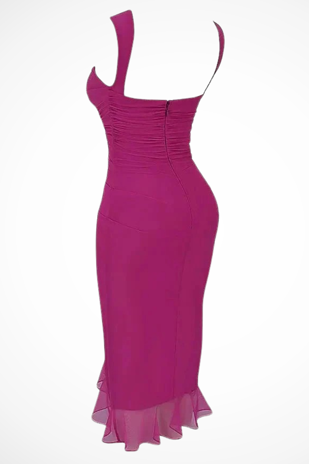 Midi Jurk Dames – Aansluitend met Ruches en Asymmetrische Ruffle Zoom