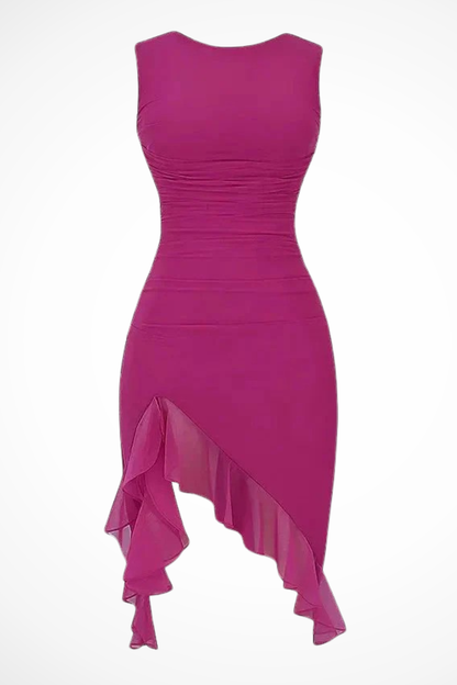Midi Jurk Dames – Aansluitend met Ruches en Asymmetrische Ruffle Zoom