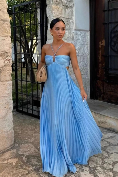 Halter Maxi Jurk Dames – Geplooide Zomerjurk met Open Rug