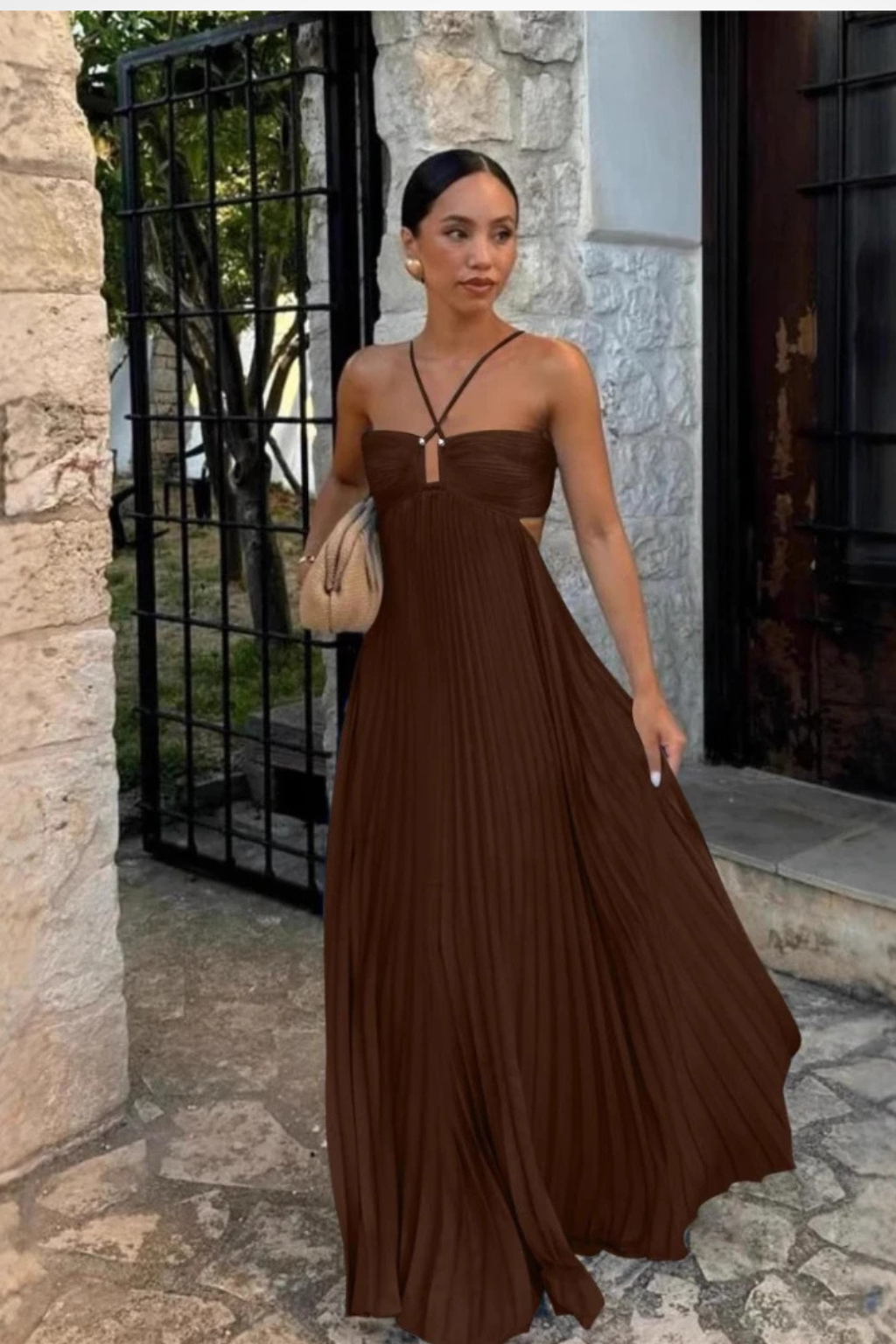 Halter Maxi Jurk Dames – Geplooide Zomerjurk met Open Rug