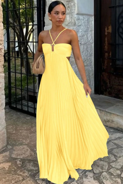 Halter Maxi Jurk Dames – Geplooide Zomerjurk met Open Rug