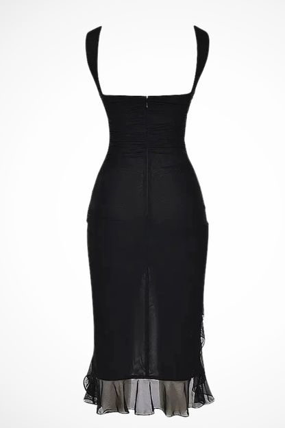 Midi Jurk Dames – Aansluitend met Ruches en Asymmetrische Ruffle Zoom