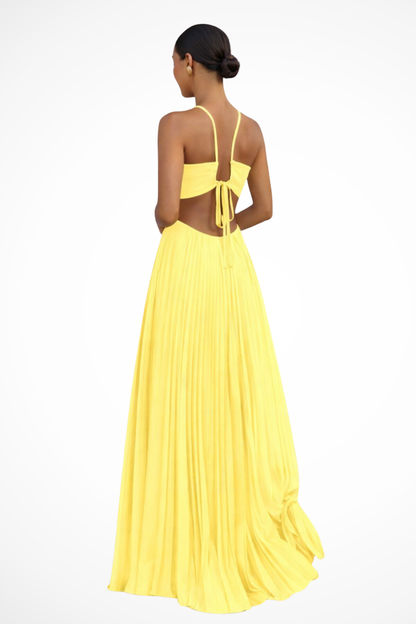 Halter Maxi Jurk Dames – Geplooide Zomerjurk met Open Rug