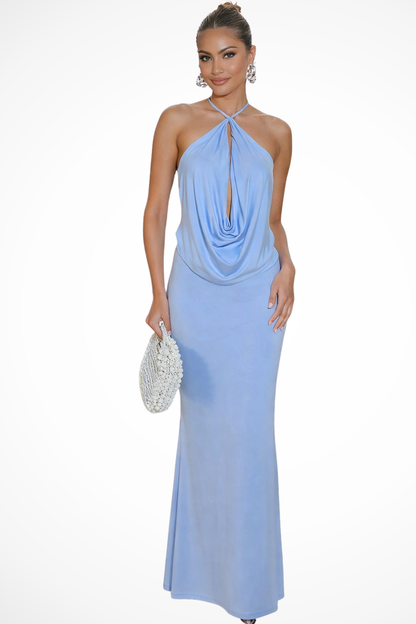 Maxi Jurk Dames – Halter Jurk met Open Rug en Gedrapeerde Voorkant
