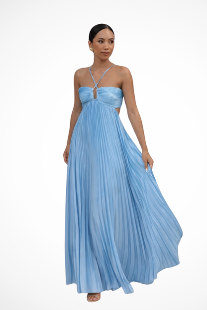 Halter Maxi Jurk Dames – Geplooide Zomerjurk met Open Rug