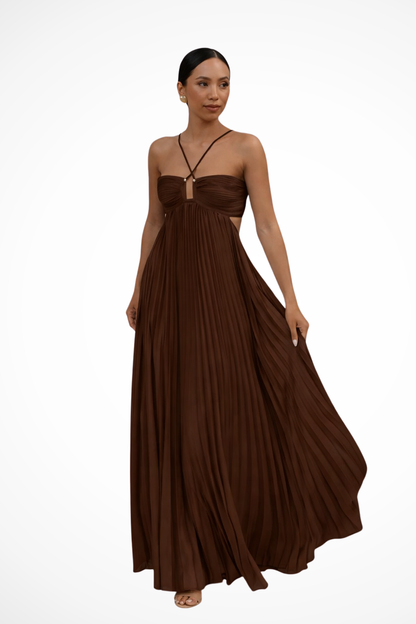 Halter Maxi Jurk Dames – Geplooide Zomerjurk met Open Rug