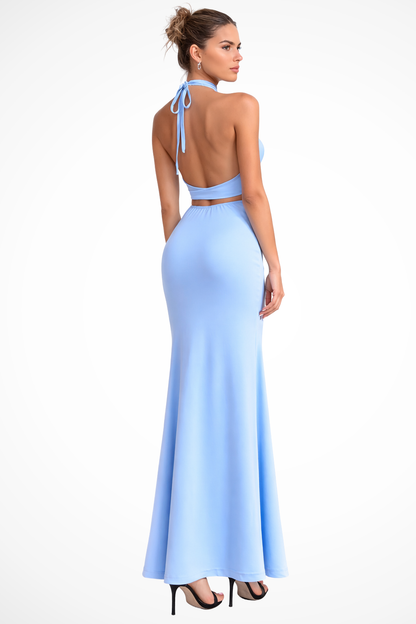 Maxi Jurk Dames – Halter Jurk met Open Rug en Gedrapeerde Voorkant